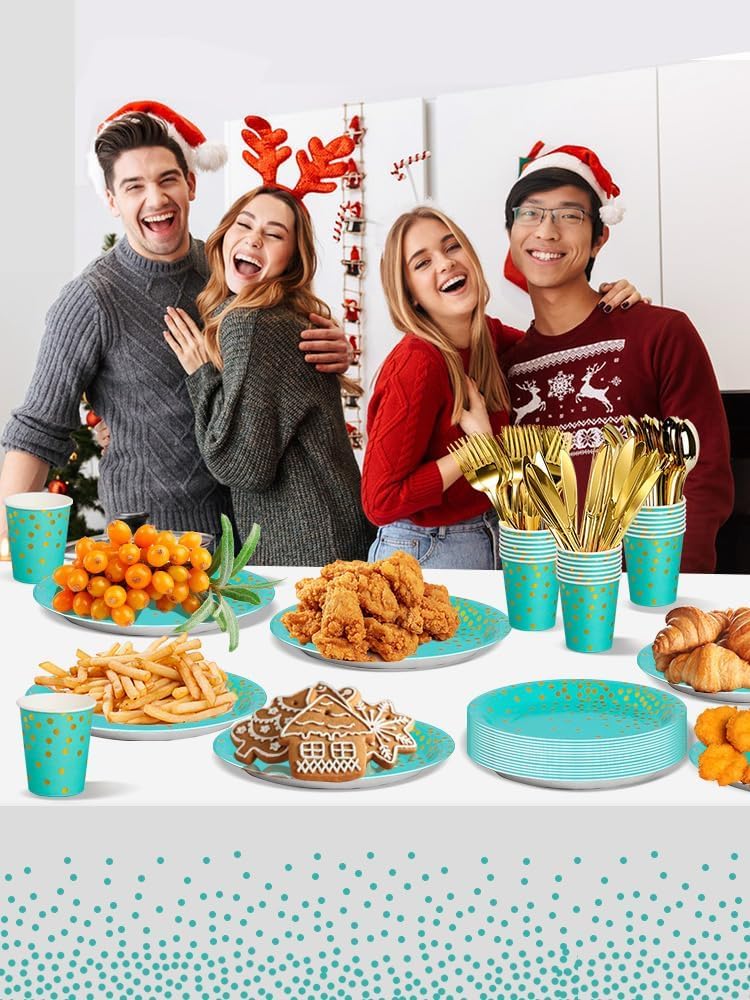 141 Pieces Blue Green and gold Party Supplies, Party Dinnerware Sets Include Paper Plates Napkins Cups Silverware, for Wedding Bridal Shower Engagement Birthday Parties Decoration -20 Serves