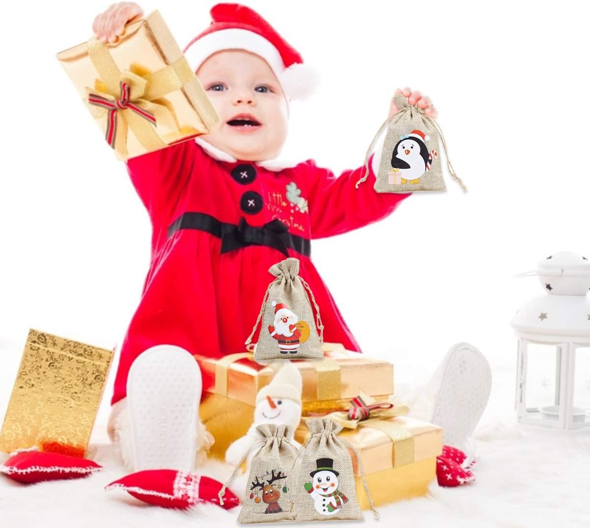 CCINEE 96pcs Christmas Burlap Gift Bags with Drawstrings Candy Goody Treat Bags with Double Jute Drawstrings 4X6 Inch