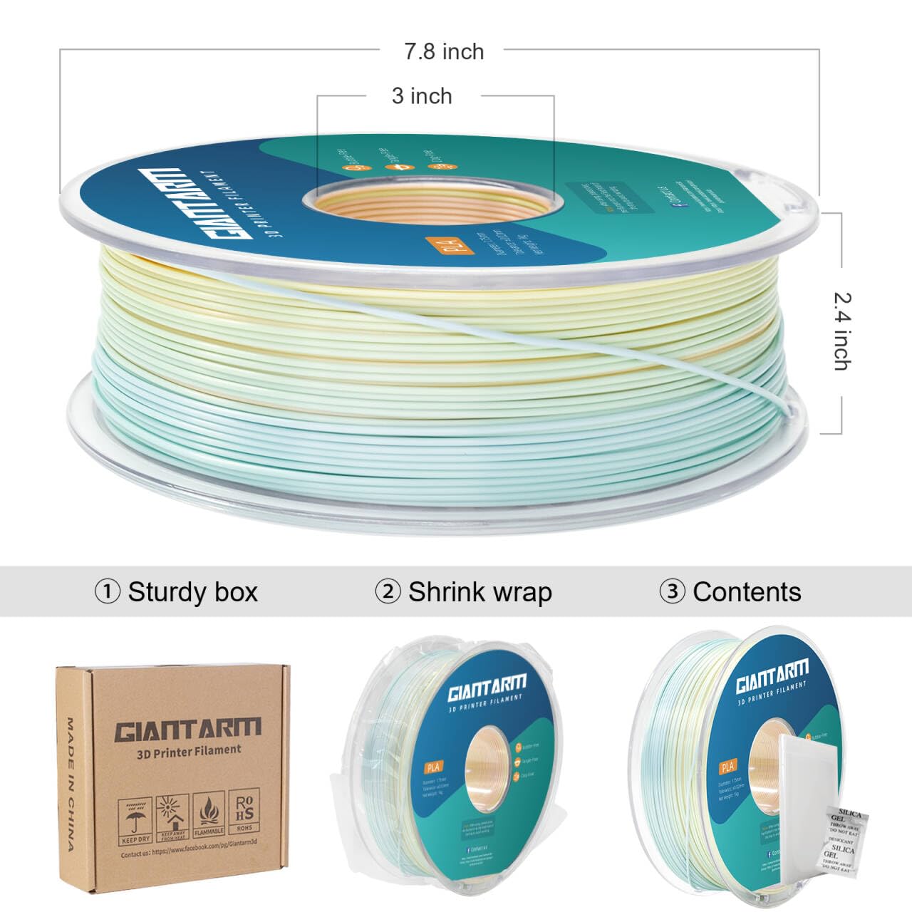 GIANTARM 3D Printer Filament Silk PLA,1.75mm Gradient Rainbow PLA Color Changing Filament with Vacuum Packaging,1kg (2.2lbs) Spool,Dimensional Accuracy +/- 0.02 mm