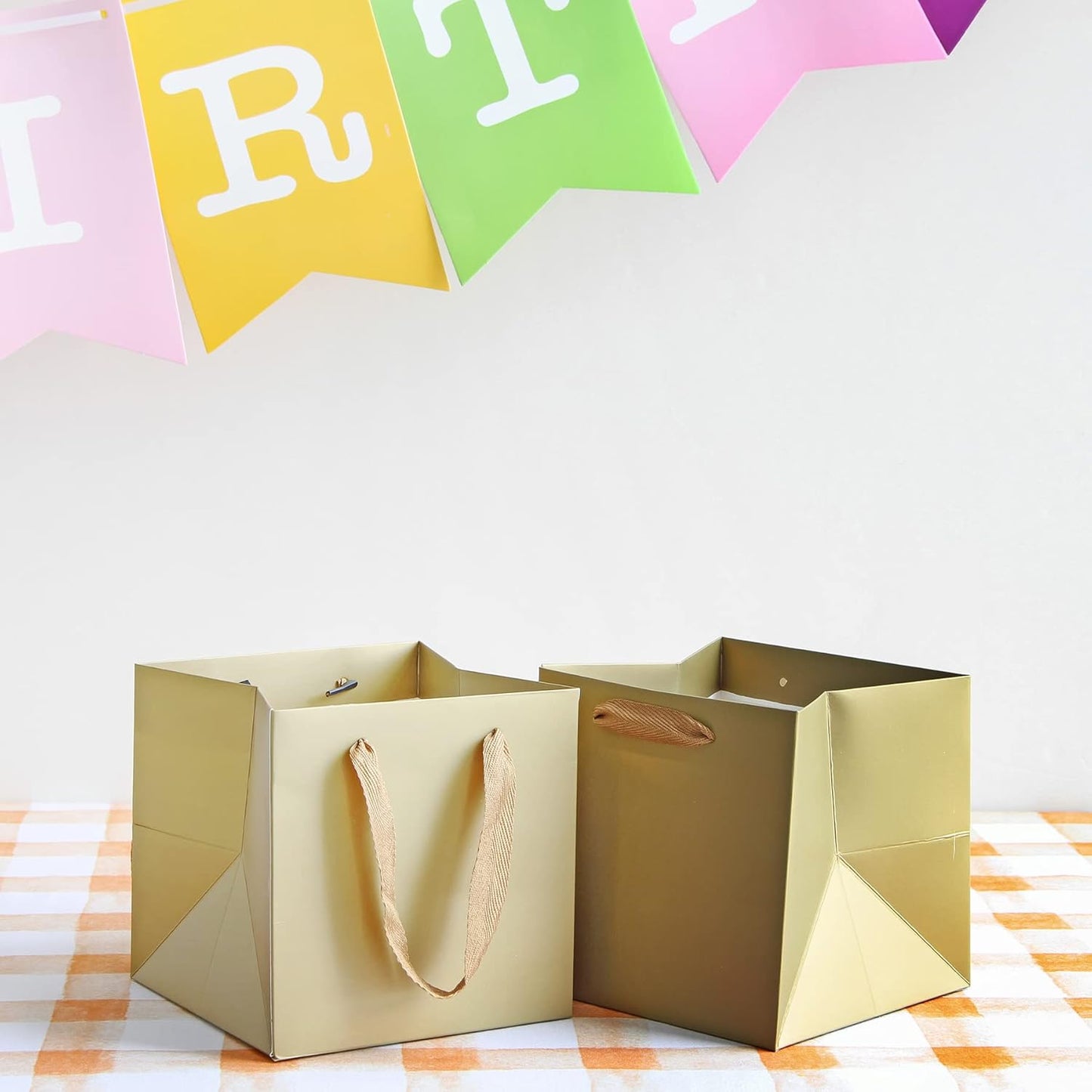 Gold Paper Gift Bag Small Square Bottom Paper Bags with Handles(Gold, 6 x 6 x 6 in, 10 CT)