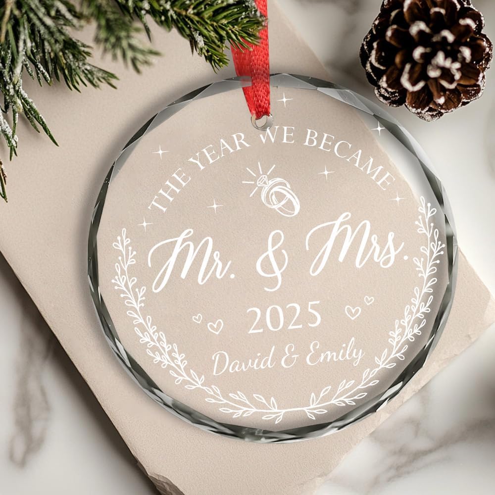 Personalized Wedding Christmas Ornaments - Mr And Mrs Gifts - Wedding Gift Ideas For Couples 2025, Bride, Future Mr And Mrs - Bridal Shower Gift Ideas - 1St Married Christmas Glass Ornament
