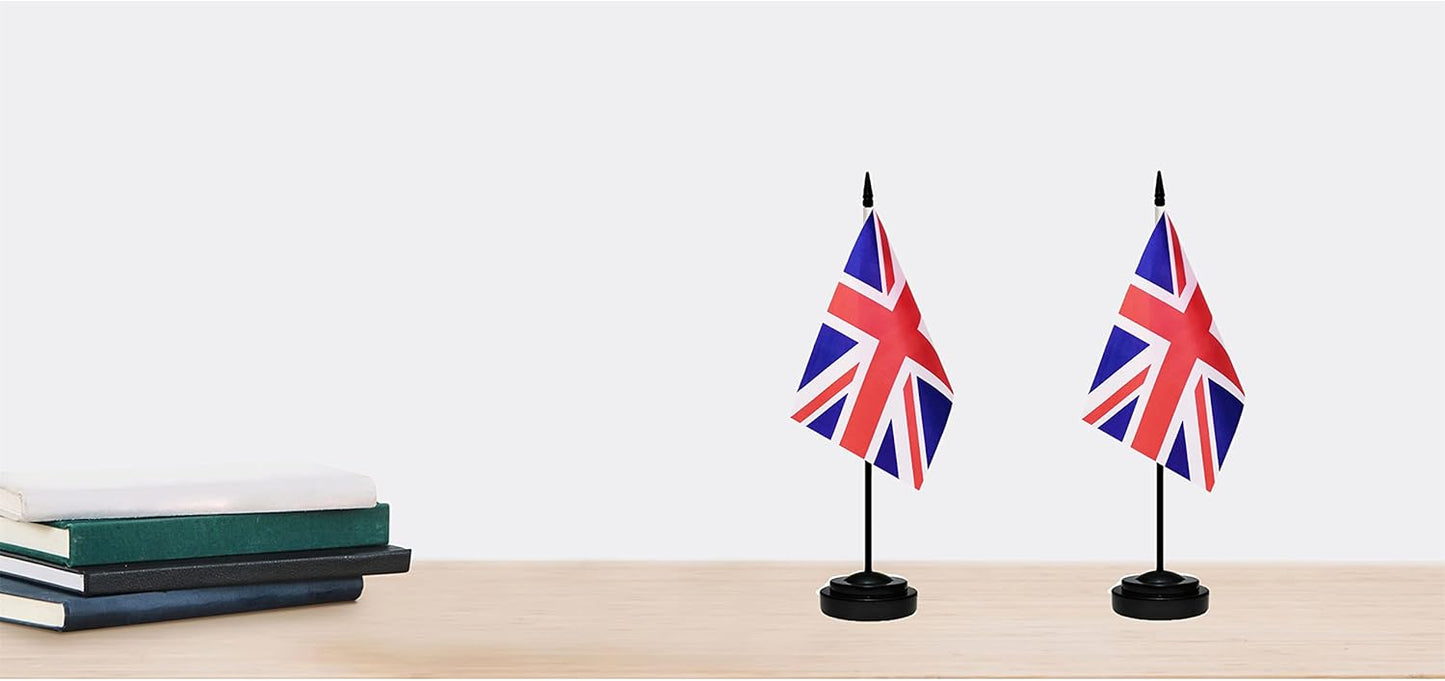 UK British Deluxe Desk Flag Set Small Mini United Kingdom Miniature Table Desktop Flags With Solid Pole, Black Base and Spear Top(2 Pack)