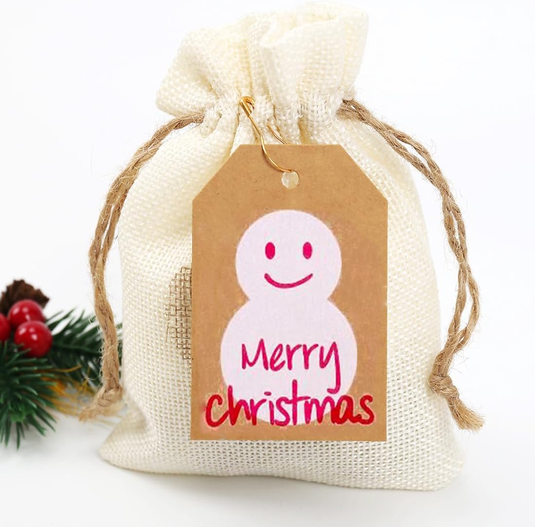 100 Pack Kraft Paper Christmas Gift Tags, Xmas Kraft Gift Tags with Jute Twine Baker Twine for DIY Xmas Holiday Present Wrap Stamp and Label Package Name Card