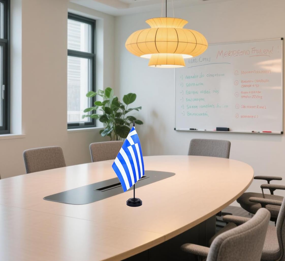 Greece Desk Flag 12" Solid Pole Deluxe Set Greek Flags Banner Mini Small Greece Office Table Flags with Black Stand Base Desktop Decorations(2Pack)