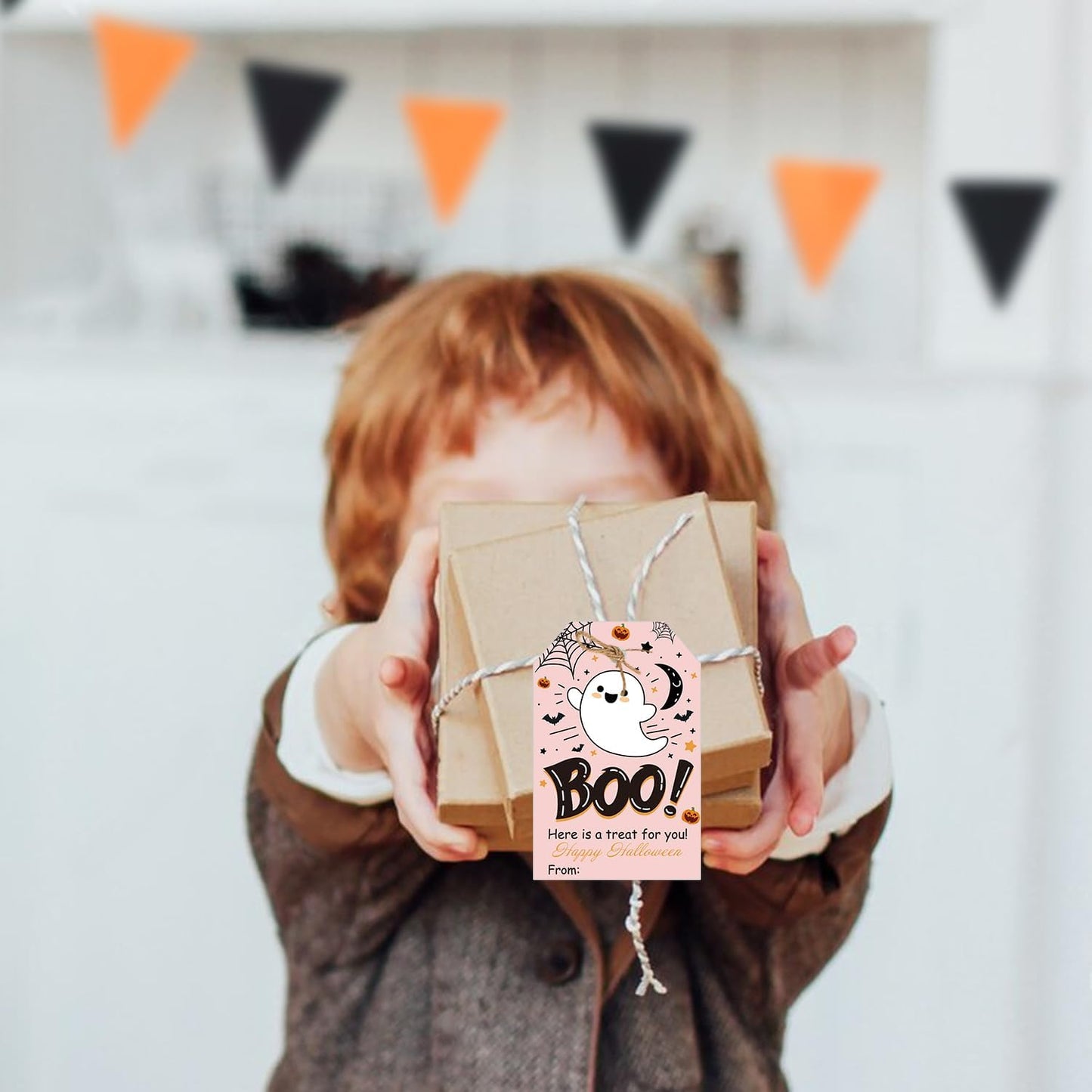 Aukolass 50Pcs Boo Gift Tags, Halloween Treat Tag for Spooky Girl Ghost Party Favor and Gift Wrapping Decoration (Pink Boo)