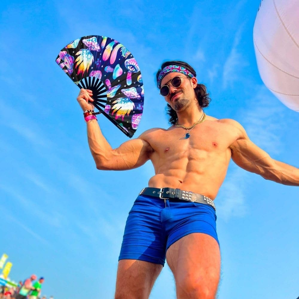 Kandies World UV Reactive Custom Festival Folding Hand Fan - Unique Designs, Made of Bamboo, Clacking Sound, Lightweight - Perfect Rave and Festival Accessory!