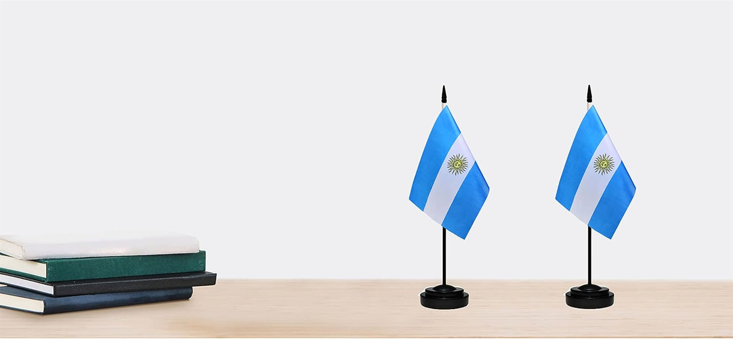 Argentina Argentine Deluxe Desk Flag Set Small Mini Miniature Argentina Argentine Table Desktop Flags With Solid Pole, Black Base and Spear Top(2 Pack)