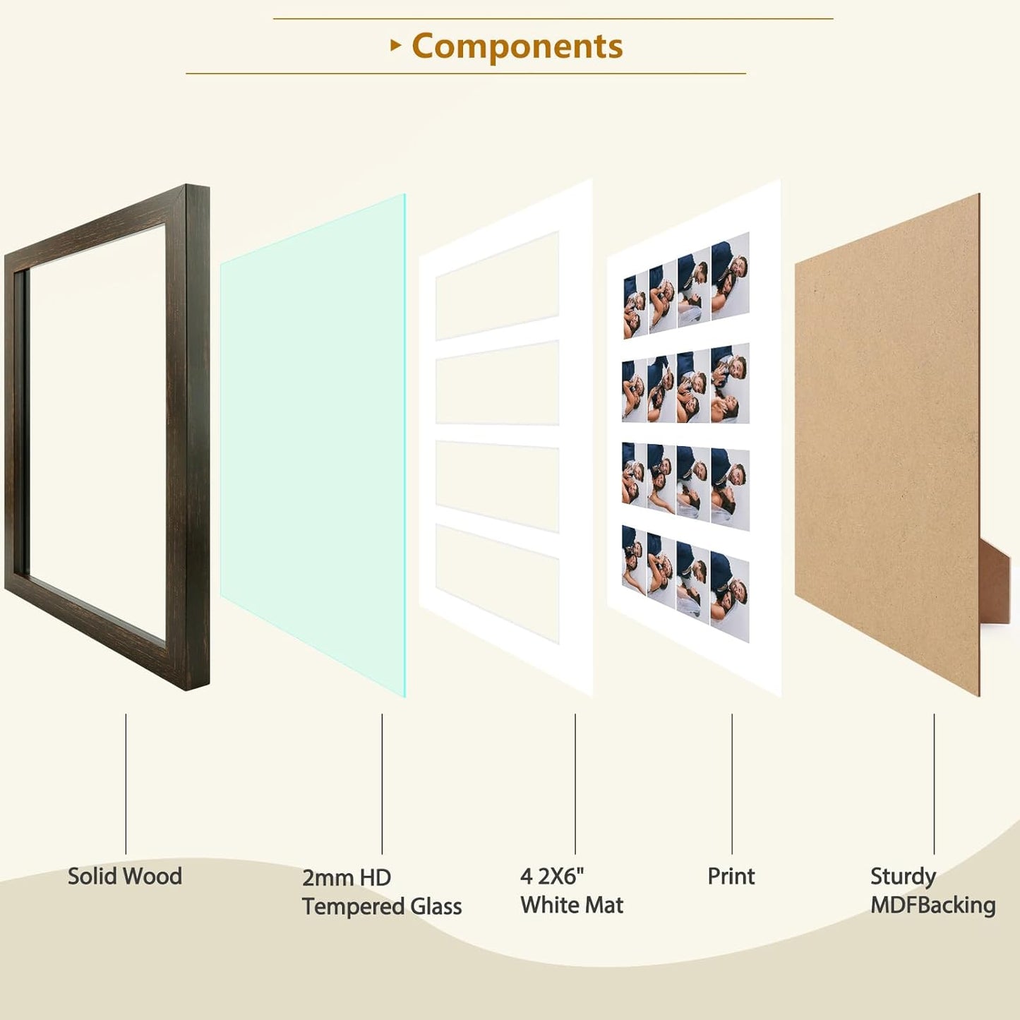 Golden State Art Photo Booth Picture Frame - 8.5x11 Frame with White Mat for 4 2X6 Film Strip Picture Display - Solid Wood with Tempered Glass - Dark Brown (1 Pack)