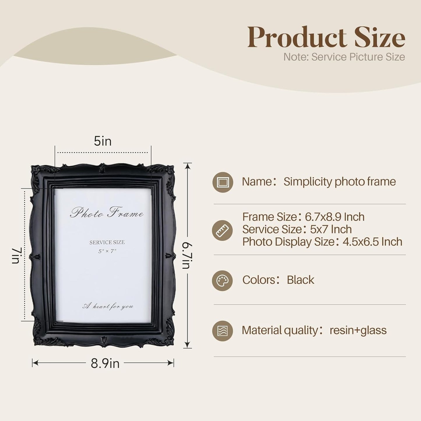 Cuspin Vintage 5x7 Picture Frame Black, Handmade Resin Frame with Carved Texture & Glass Front, Antique Retro Design for Tabletop Display or Wall Hanging, Black Photo Frames Home Decor