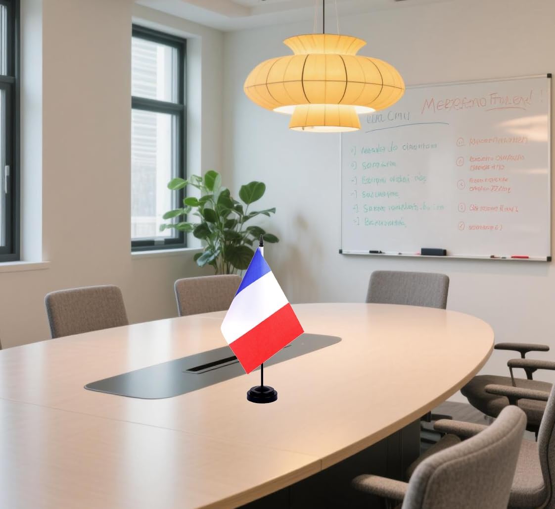 France Desk Flag 12" Solid Pole Deluxe Set French Flags Banner Mini Small France Office Table Flags with Black Stand Base Desktop Decorations(2Pack)