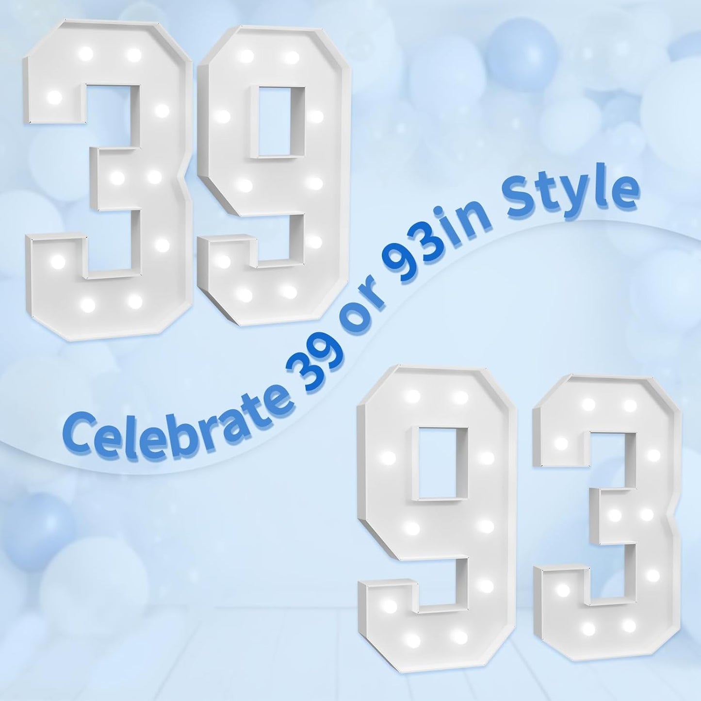 Marquee Numbers Large 39th-Birthday Decorations: 4ft Light Up Number Party Decor 39 Year Old Women And Men 93rd Birthday Decoration Backdrop 93 Anniversary Cardboard Big Mosaic Balloon Frame Number 39