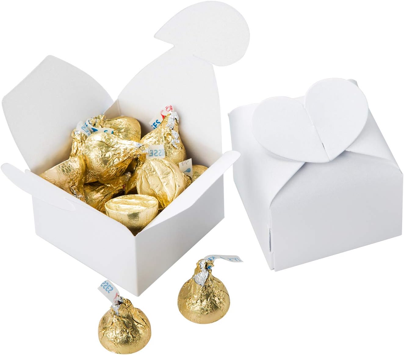 AWELL White Candy Box Bulk 2.5x2x2.5 inches with Heart Bow Party Favor Box,White Glitter,Pack of 50