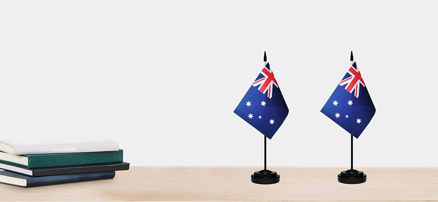 Australia Australian Deluxe Desk Flag Set Small Mini Miniature Australia Australian Table Desktop Flags With Solid Pole, Black Base and Spear Top(2 Pack)