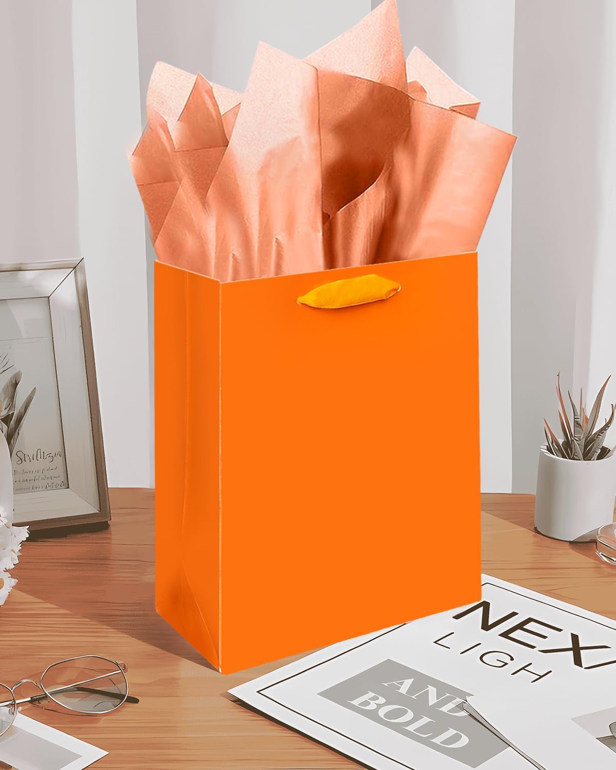 Gcardist Orange Gift Bags with Tissue Paper for Wedding, Birthday, Party Supplies-7.9"x4.3"x9.6" Medium Size Cardboard Gift Bags(5pcs Bags +10pcs Tissue Paper )