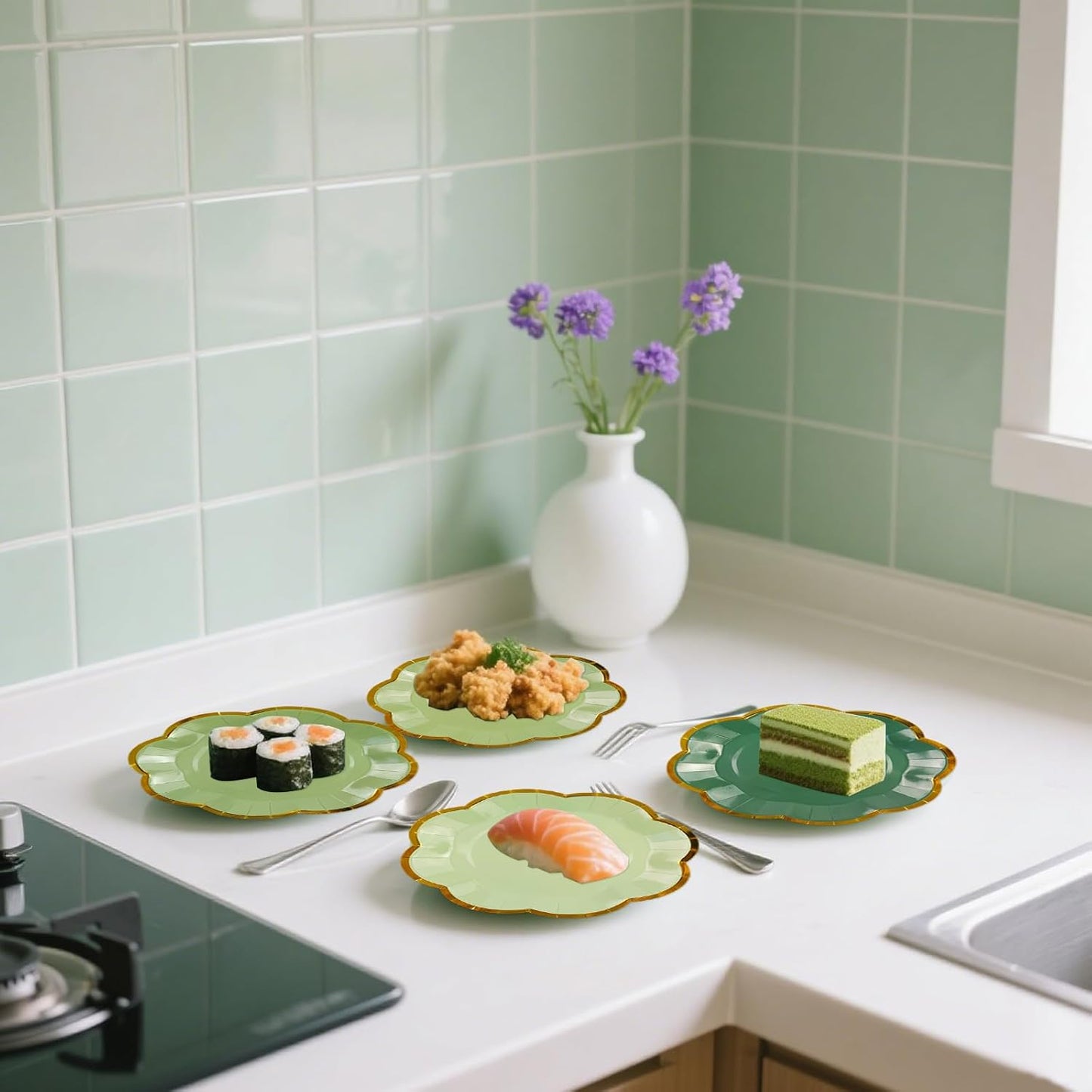 48Pcs Sage Green Scalloped Party Plates - 7inch Gold Foil Gradient Green Dessert Paper Plate Disposable Cake Plates for Birthday Bridal Baby Shower Wedding Party Decorative Supplies