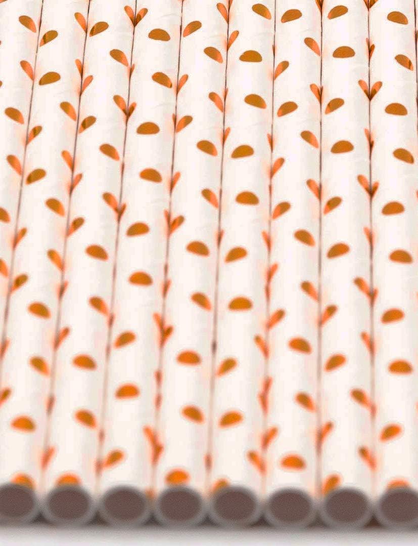 Pack of 300 Rose Gold Polka Dot Foil Biodegradable 4-Ply Paper Drinking Straws (Compostable, Non-toxic, BPA-free)