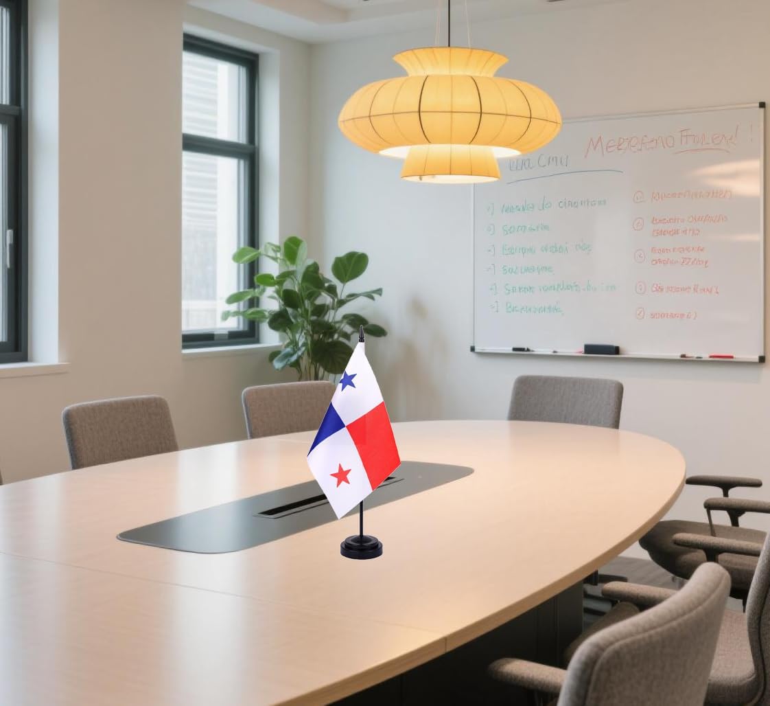 Panama Desk Flag 12" Solid Pole Deluxe Set Panamanian Flags Banner Mini Small Panama Office Table Flags with Black Stand Base Desktop Decorations(2Pack)