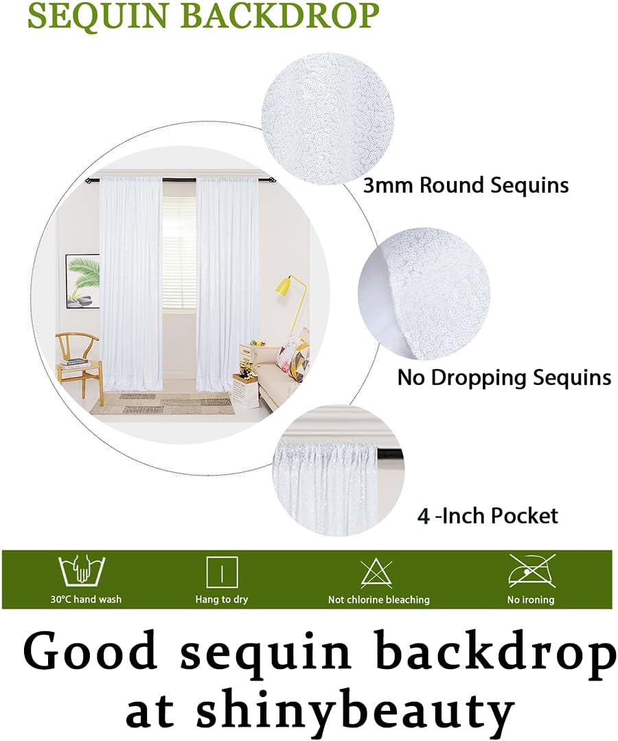 ShinyBeauty White Sequin Backdrop 4x10ft (4 Panels) – Wedding Arch Drapes, Photography Background, Glitter Party Decor for Events & TikTok Videos