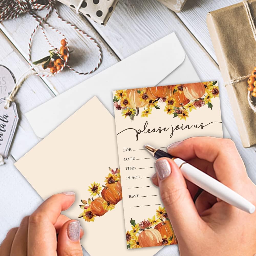 REWIDPARTY Thanksgiving Party Invitation Cards with Envelopes(Set of 15) Food Feast Invites for Family Friends Fall Invitations with Pumpkin and Florals Birthday Bridal Party Fill-in Invitation cards