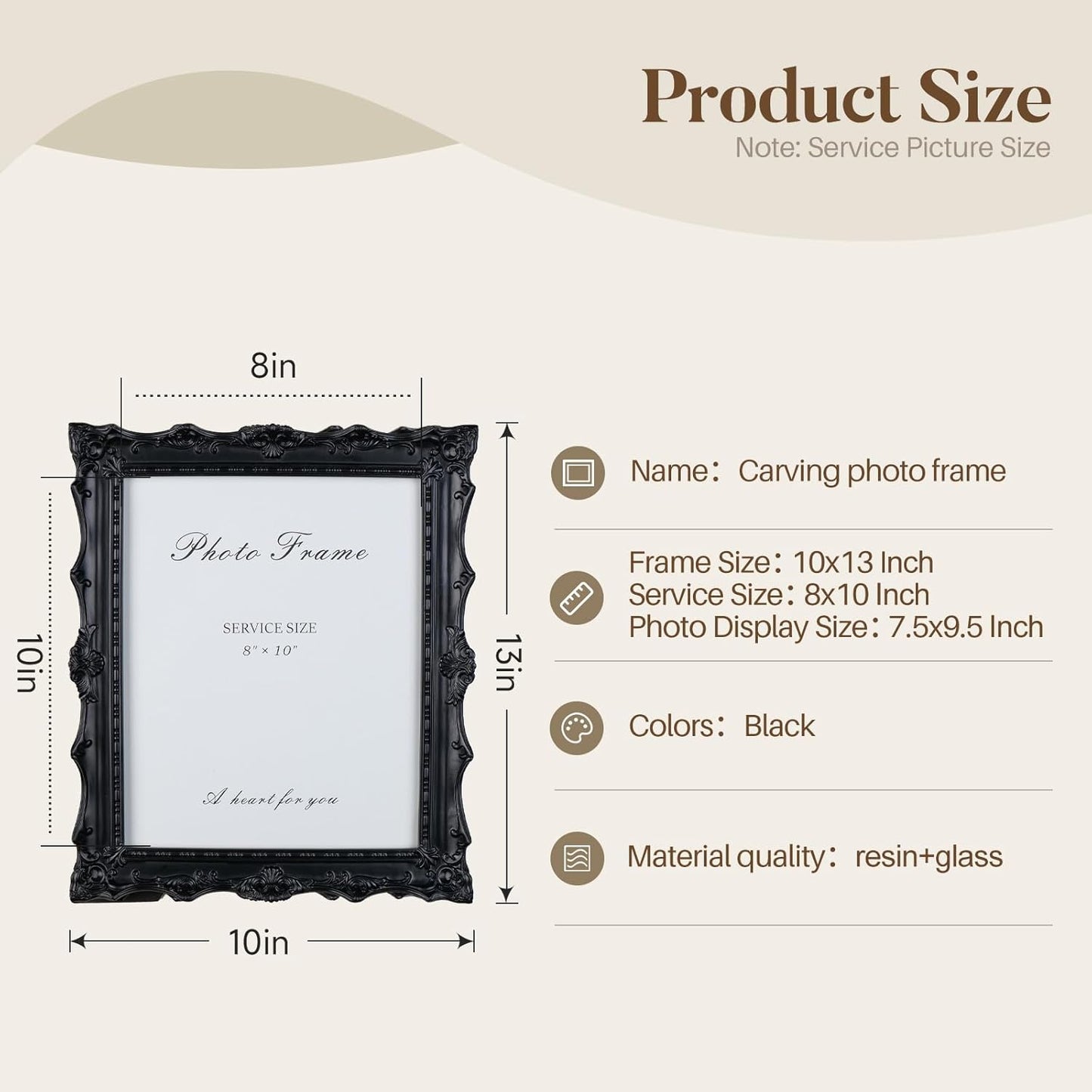 Cuspin 8x10 Black Picture Frame, Handcrafted Resin Frame with Exquisite Carved Details & Glass Front, Vintage Antique Design for Wall Hanging or Tabletop Display, Home Decor