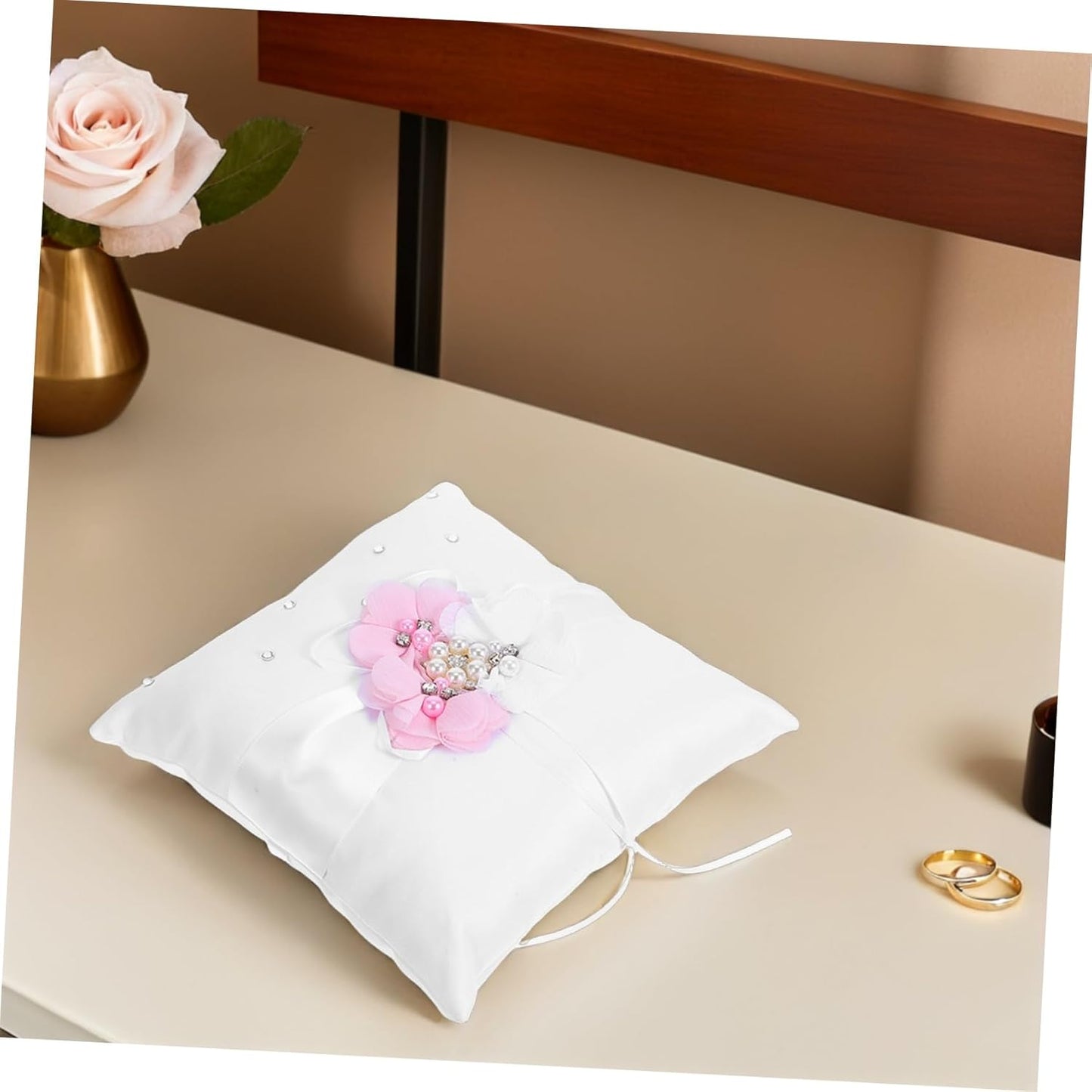 Floral Wedding Ring Bearer Pillow 20x20cm - Satin with Ribbon & Faux Pearls, Elegant Ceremony Decor for Bride and Flower Girl Accessories