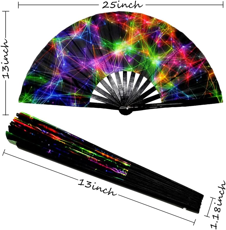 2 Pack Large Folding Rave Fan for Women/Men Holographic Festival Bamboo Clack Hand Fan Decorative Accessories for EDM, Music Festival, Event, Party, Dance, Performance,Halloween (Style-1)