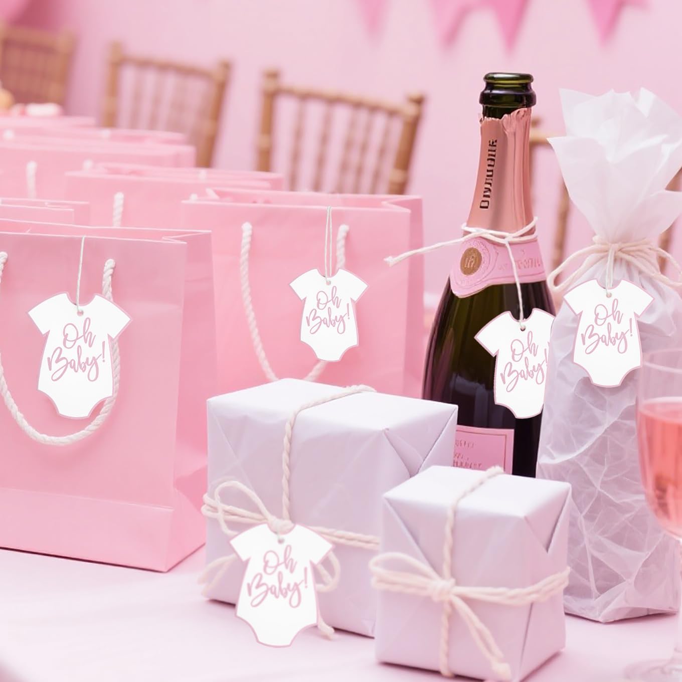 100Pcs Gift Tags with String Pink Baby Clothes Oh Baby Sign Large Gift Tags with 65 Ft Jute Twine Cute Tags White Paper Gift Tag for Gender Reveal It's a Girl Baby Shower Party Gift Wrap Tag