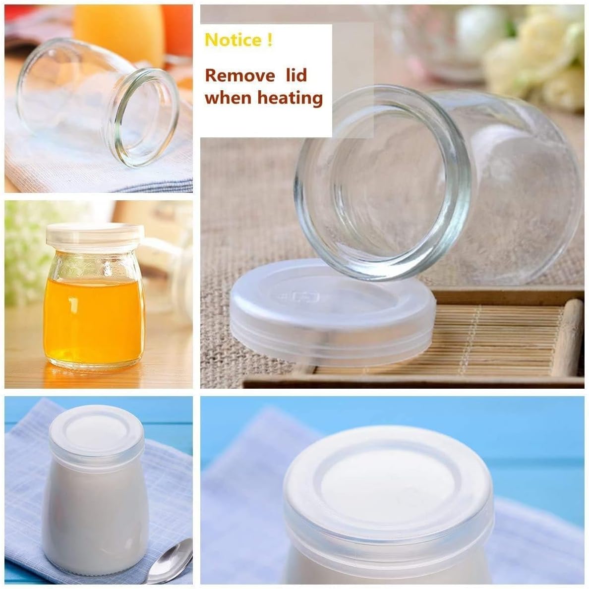 6 Pcs Yogurt Pudding Jars Bottles With Plastic Lids Ideal for Jam, Honey, Wedding Favors, Shower Favors, Baby Foods (7 oz (200ml))