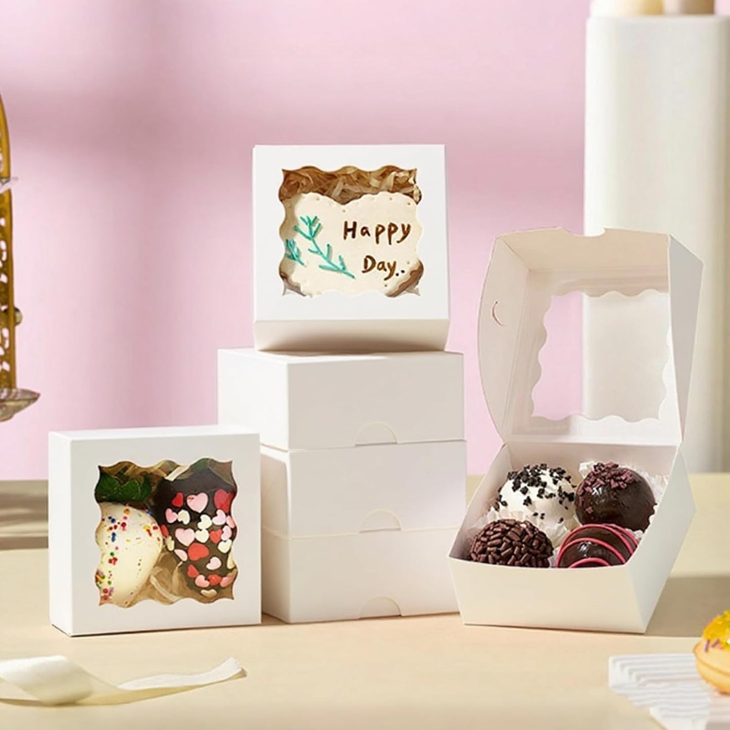 RomanticBaking 3.2" x 3.2" x 1.5" 100PCS Cookies, Soap, Chocolate Truffle, Donut, Macaron, Mini Bakery Boxes with Window