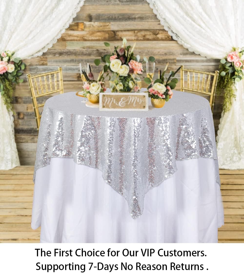 ShinyBeauty Sequin Tablecloth 36x36-Inch-Silver Square Glitter Table Cover Silver Table Cloths for Parties-190626J