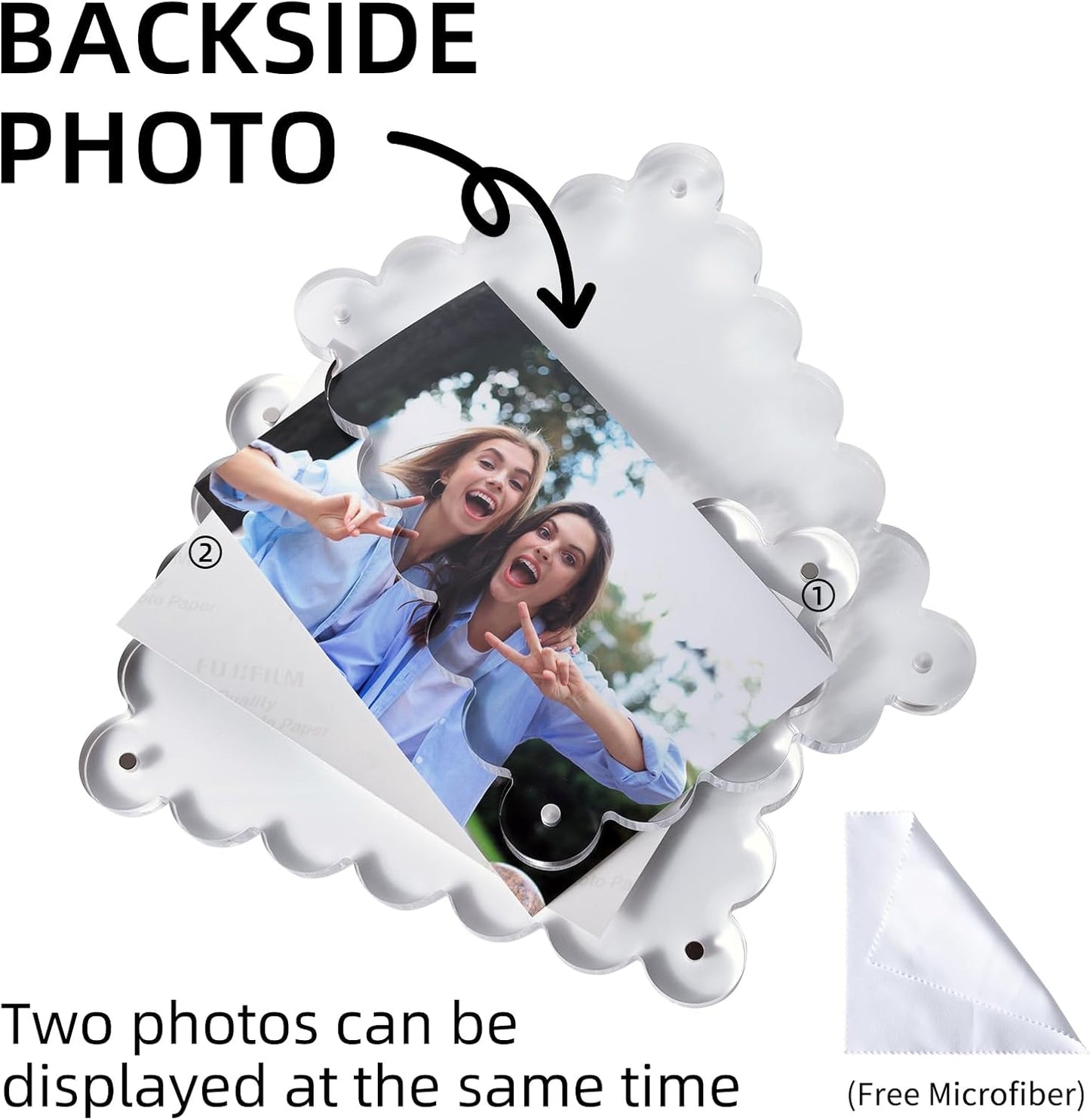 3 Pack Acrylic Picture Frame: 4x6inch Magnetic Picture Frames, Double Sided Magnet Frames,10+10mm Thick Block, Clear Photo Scalloped Frames Freestanding for Desktop Display