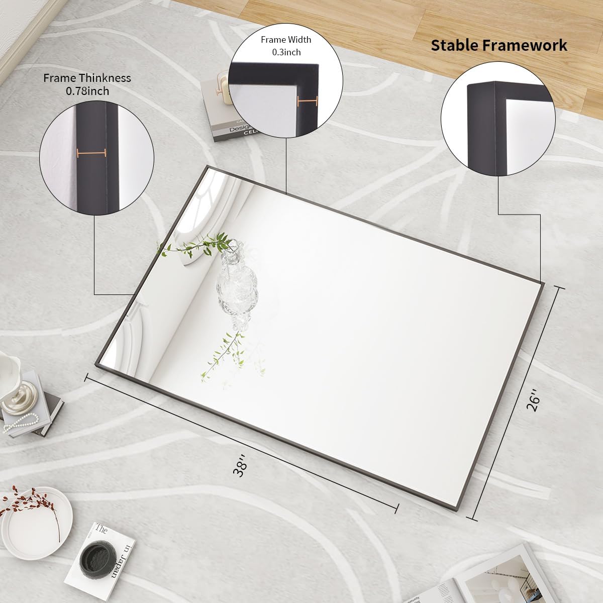 BEAUTYPEAK Black Bathroom Wall Mirror - 26" x 38" Rectangular Mirror with Metal Frame, Hangs Horizontal or Vertical for Living Room Bedroom Bathroom Entryway