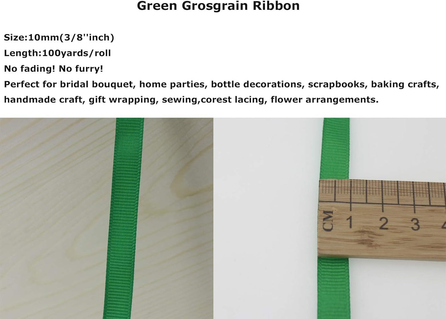 Jesep One Roll 100 Yards 3/8" Soild Grosgrain Ribbon Boutique Gift Wrapping Package Ribbon, DIY Crafts Bow Hair Headband Accessories Assorted Ribbon #553(3/8" 10mm, Green)