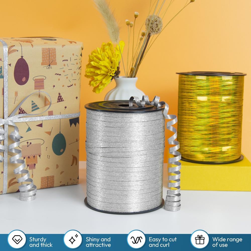 KMER LIFE Silvery Glitter Curling Ribbon, 1/5" Wide x 500 Yards Christmas Curling Ribbons for Gift Wrapping, Party Decoration, Balloon String, Crafting, Balloon Ribbons for Florist Flower (1 Roll)