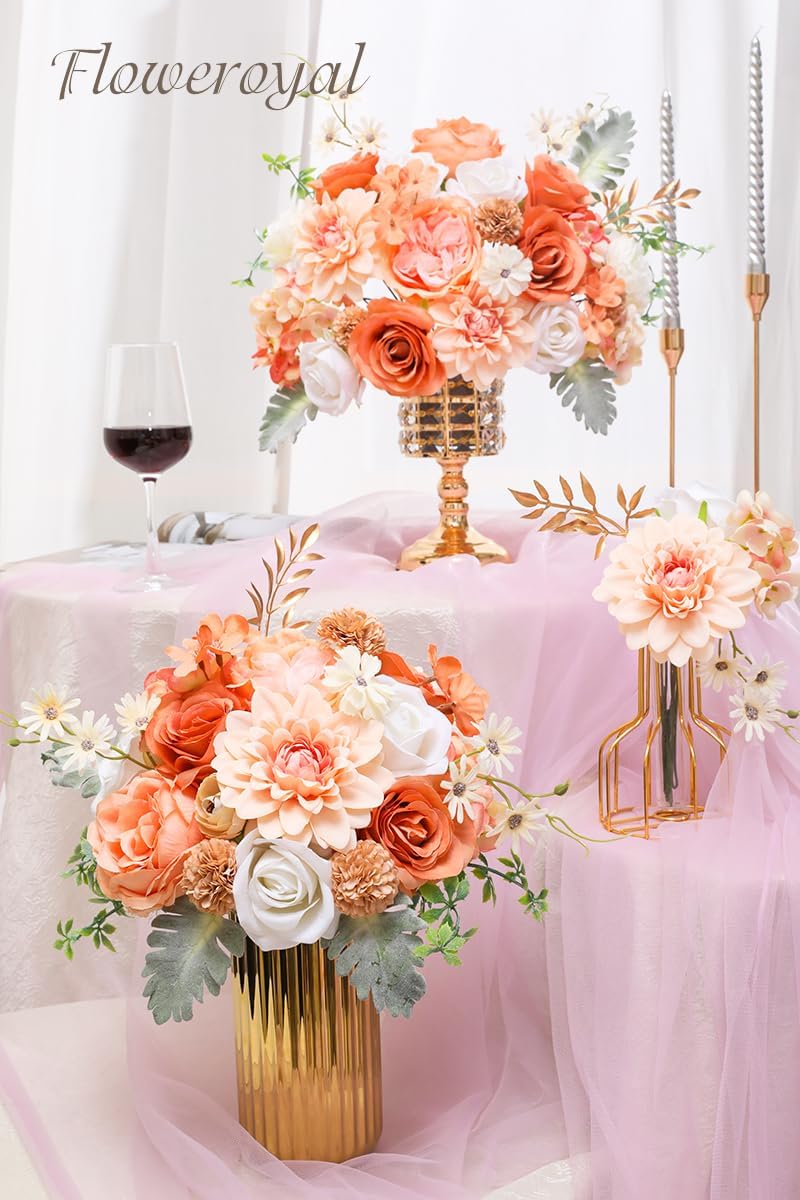 Floweroyal Artificial Flowers Combo Champagne Flowers Mix Silk Flowers Dahlia Roses with Stems for DIY Wedding Bridal Bouquets, Baby Shower, Floral Arrangement, Table Centerpieces, Home Decorations.
