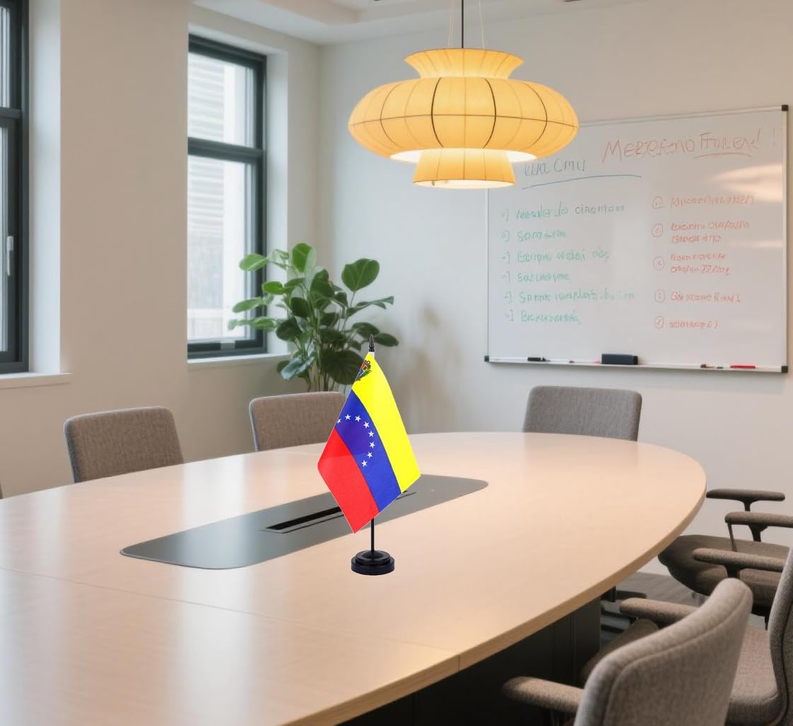 Venezuela Desk Flag 12" Solid Pole Deluxe Set Venezuelan Flags Banner Mini Small Venezuela Office Table Flags with Black Stand Base Desktop Decorations(2Pack)