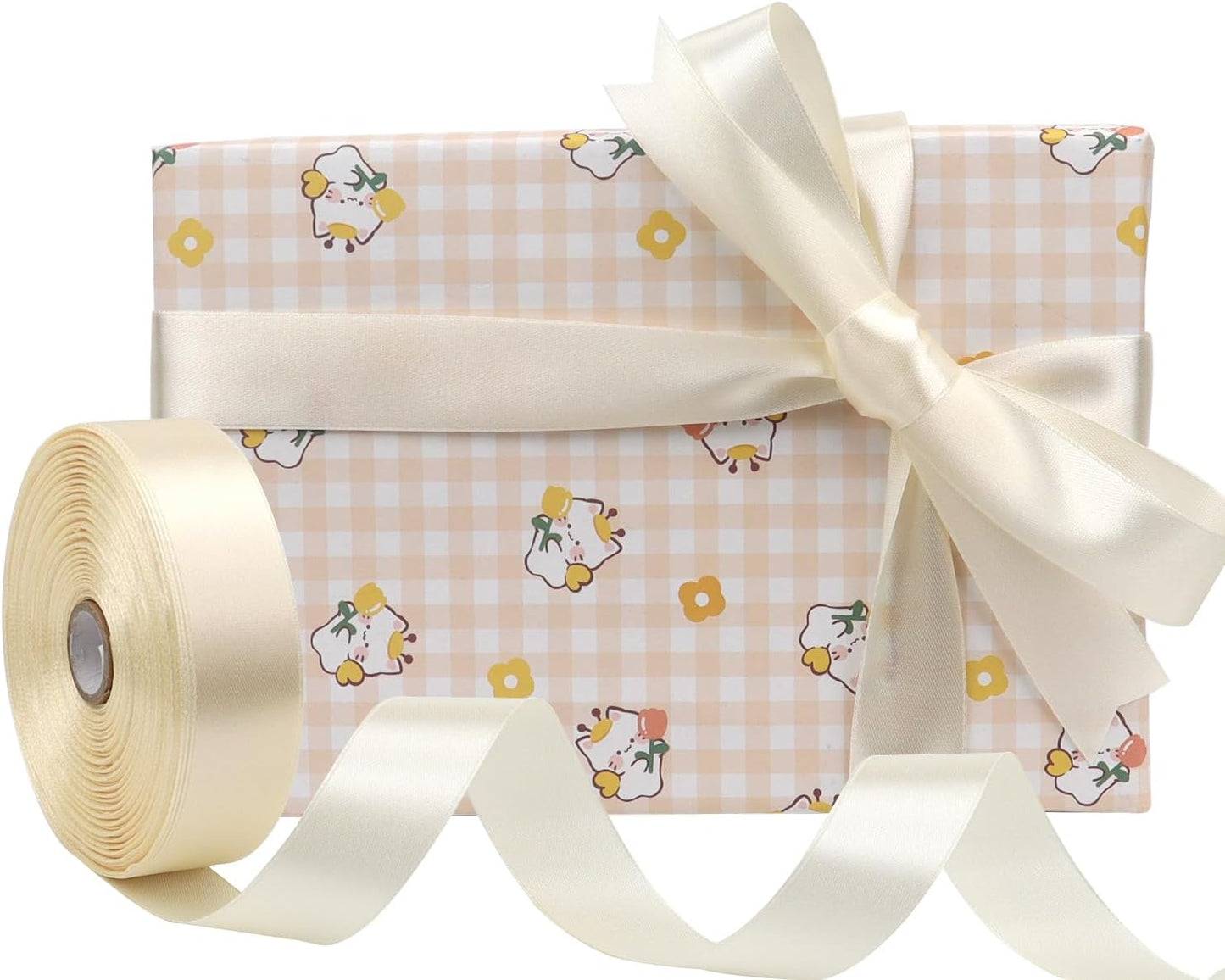 Rice White Solid Satin Ribbon 1 Inch 50 Yards Solid Polyester Fabric Ribbon for Gift Wrapping Wedding Christmas Baby Shower Birthday Party Decoration Handmade Immortal Flower Craft