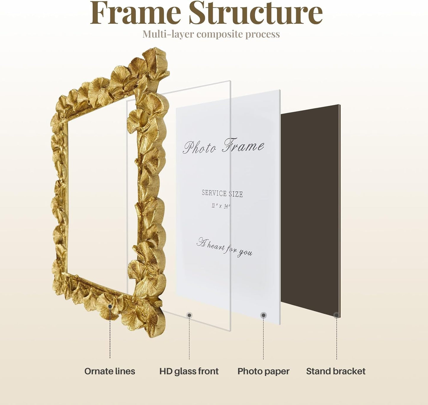 Cuspin 11x14 Picture Frame Vintage Gold Frames, Ornate Leaf Textured Hand-Crafted Resin with Glass Front, Gold Picture Frames for Tabletop Display, Retro Design Home Decor