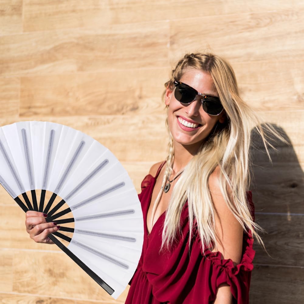 8 Pack Large Folding Hand Fans for Women/Men, Kungfu Taichi Rave Folding Fan with Bag, Large Popping Clacking Fans for Line Dancing, Concert, Party, Festival, Home Decorations(White)