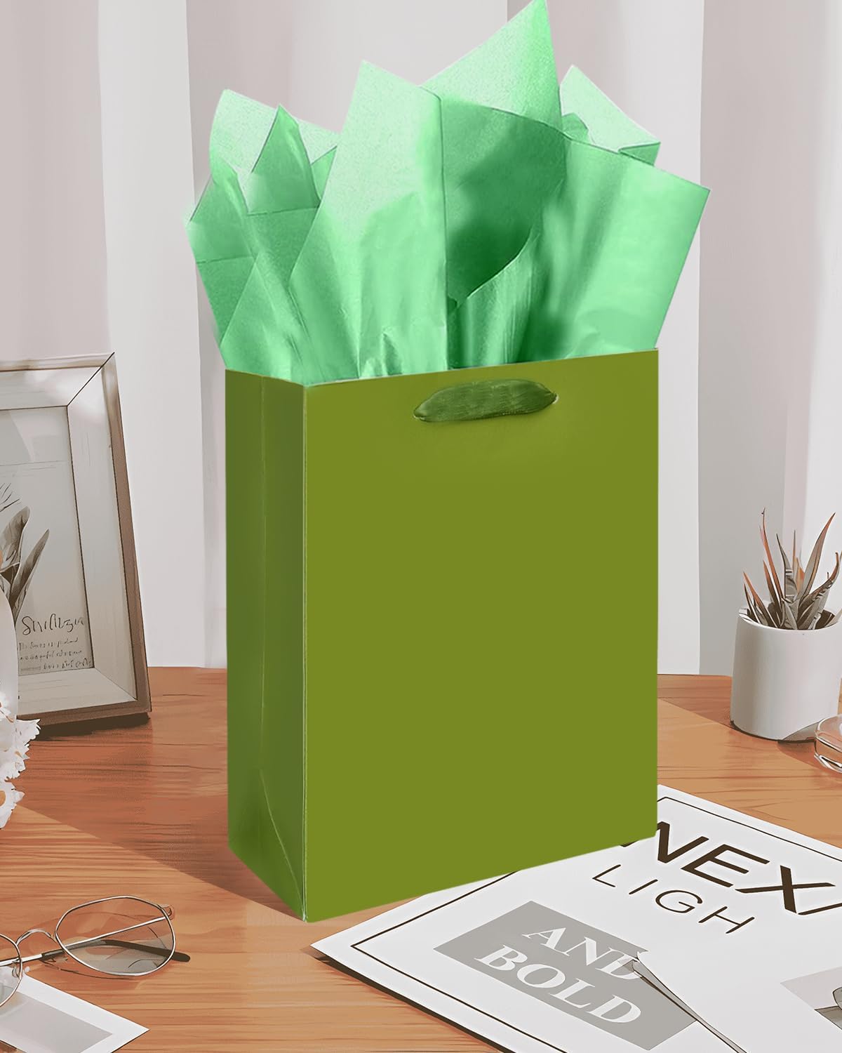 Gcardist Olive Green Gift Bags with Tissue Paper for Wedding, Birthday, Party Supplies-7.9"x4.3"x9.6" Medium Size Cardboard Gift Bags(16pcs Bags +32pcs Tissue Paper )