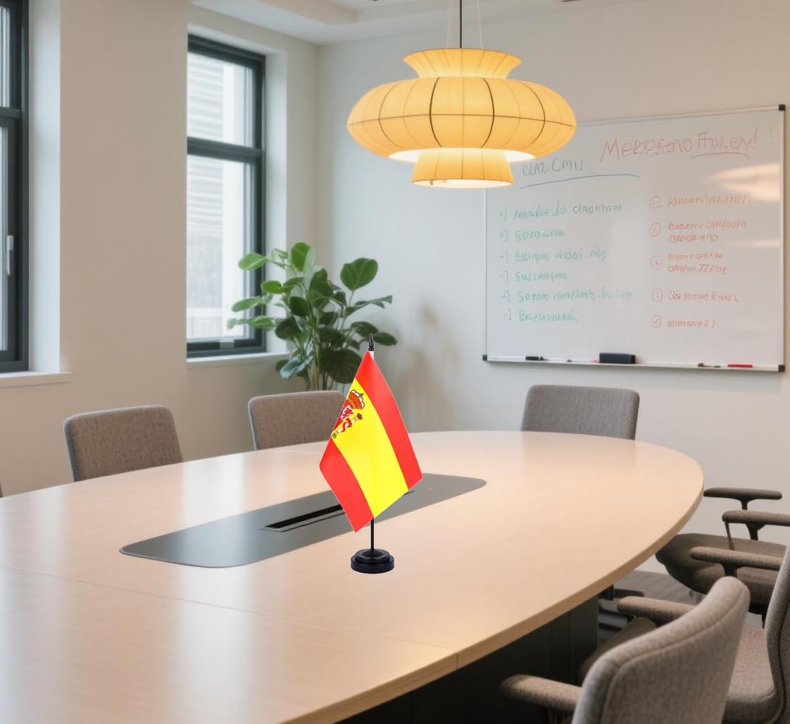 Spain Desk Flag 12" Solid Pole Deluxe Set Spanish Flags Banner Mini Small Spain Office Table Flags with Black Stand Base Desktop Decorations(2Pack)