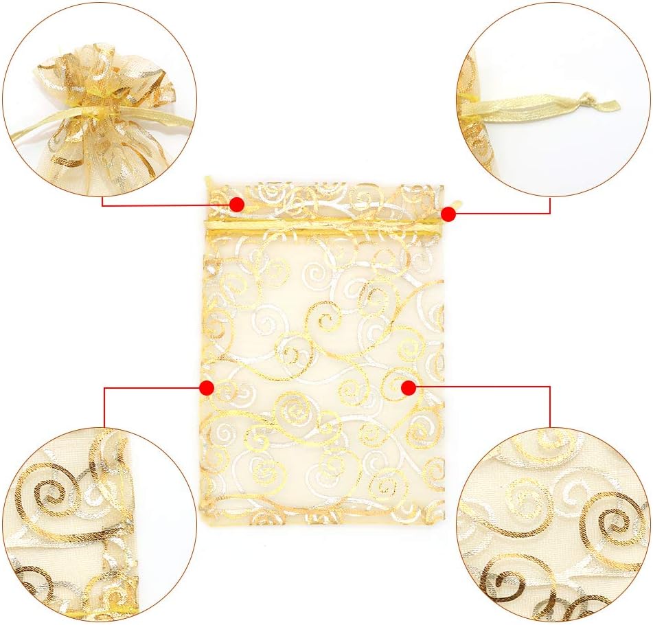 Staruby Organza Gift Bags 100Pcs Gold Sheer Organza Bag 4x6 Inch Mesh Favor Bags Drawstring Jewelry Rattan Printed Gift Pouches for Wedding Party Favors Couple Shower Christmas Gifts Candy Bags