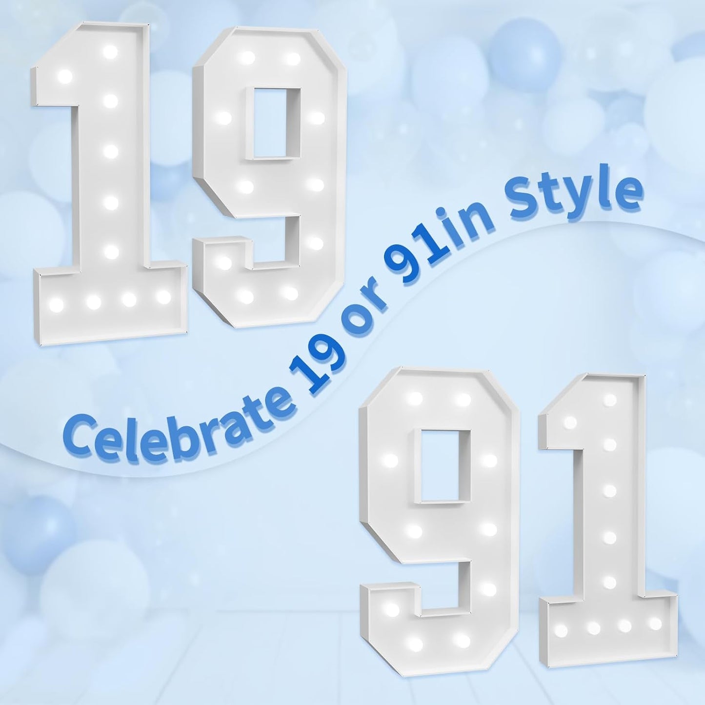 Marquee Numbers Large 19th-Birthday Decorations: 4ft Light Up Number Party Decor 91 Year Old Women And Men Birthday Decoration Backdrop 91 Anniversary Cardboard Big Mosaic Balloon Frame Number 19