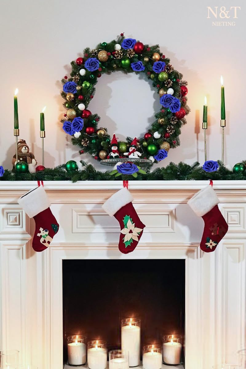 N&T NIETING Artificial Flowers Glowing Navy Blue Flowers Foam 25pcs Glitter Roses Real Looking Fake Roses with Stem for DIY Wedding Bouquets Centerpieces Bridal Shower Party Home Decorations