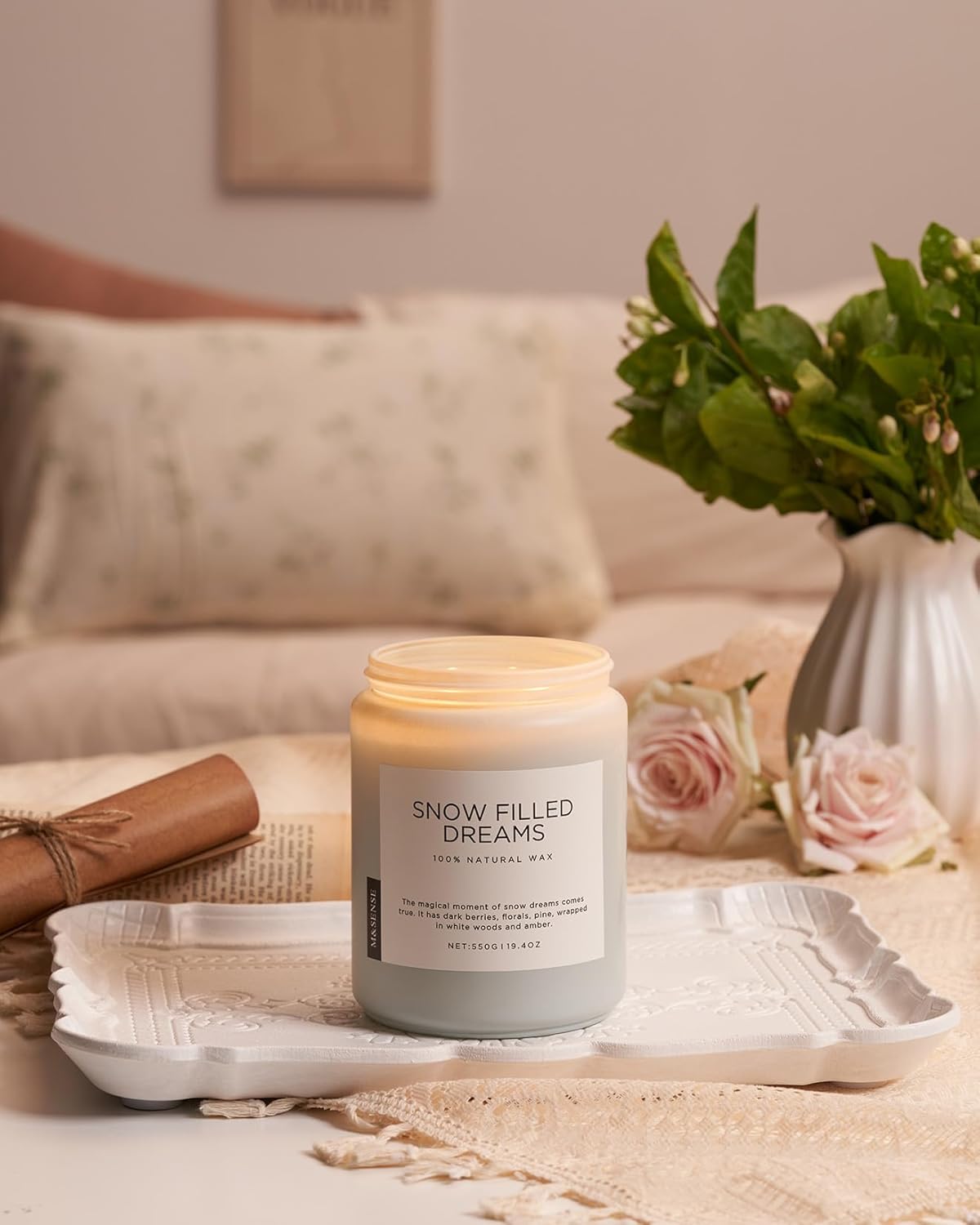 M&SENSE Snow Filled Dreams - Jasmine & Pine Large Scented Candles, 19.4oz 110 Hour Clean Non Toxic Long Lasting Candle Organic Natural Soy Wax Candle Gifts for Women Men