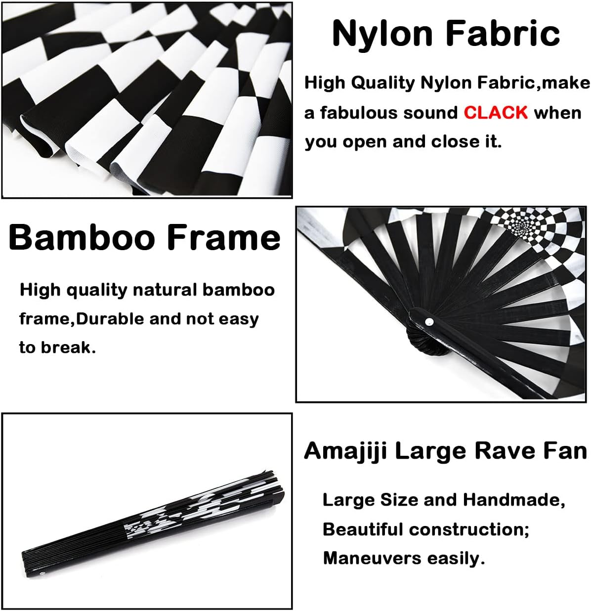 Amajiji Large Folding Hand Rave Fan Popping Fan for Line Dancing Clacking Fans for Boots On The Ground Dance,Party,Decoration,Festival (Speed Checkered)