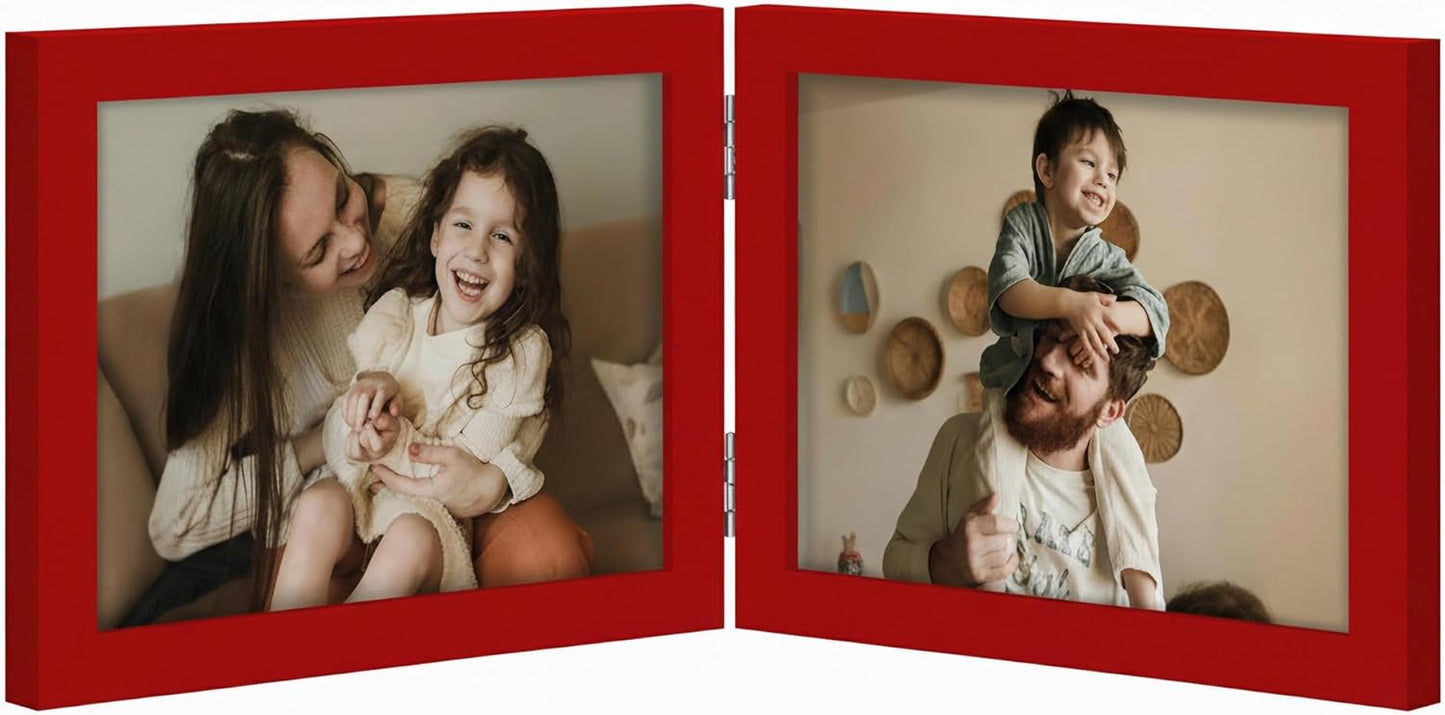decorUhome Double 7x5 Picture Frame Horizontal, Engineered Wood Bifold Photo Frame with Plexiglass for Tabletop Display, 7x5, Red