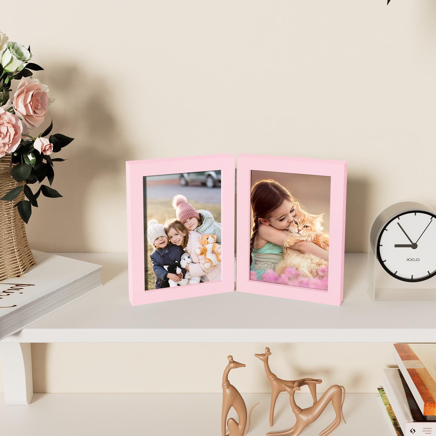 decorUhome Double 5x7 Picture Frame Vertical, Engineered Wood Bifold Photo Frame with Plexiglass for Tabletop Display, 5x7, Pink