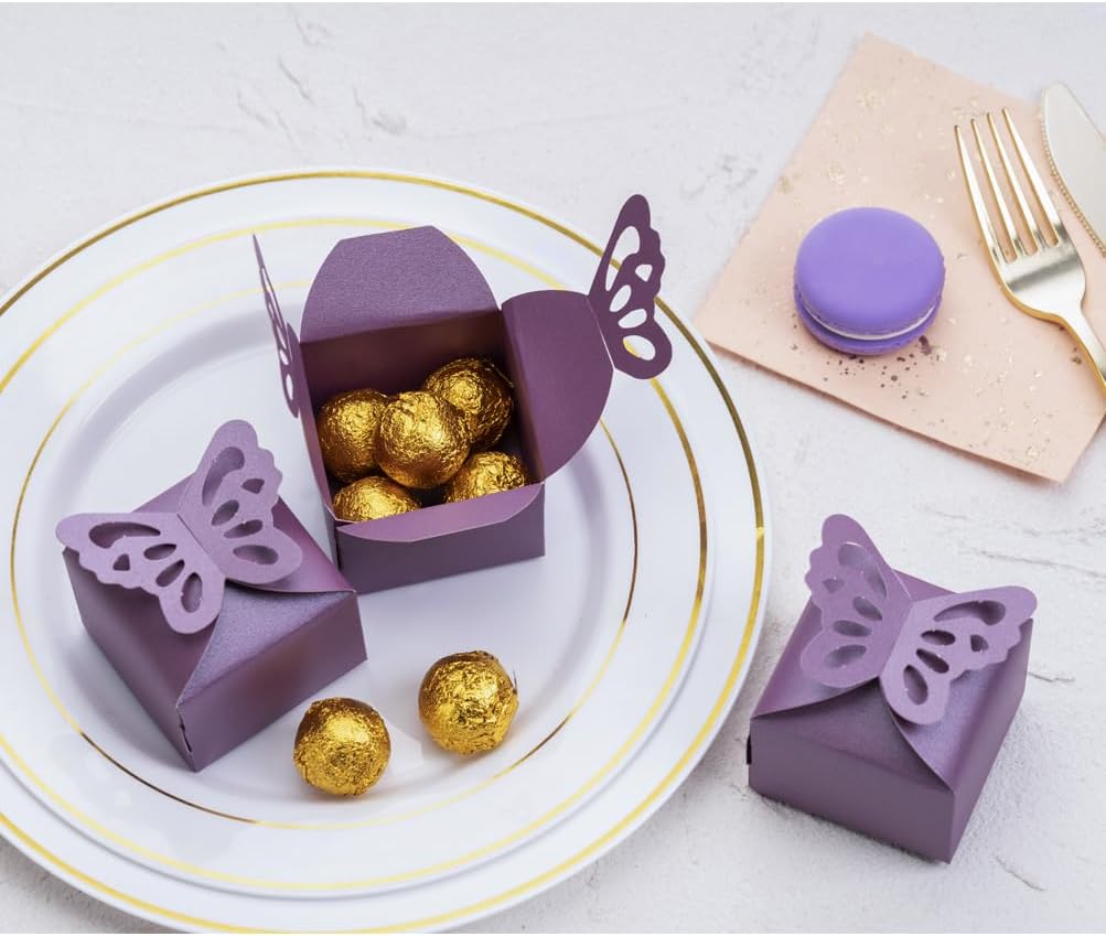 AWELL Purple Gift Candy Box Bulk 2.5x2x2.5 inches with Butterfly Bow Party Favor Box for Mother's Day, Purple,Pack of 50