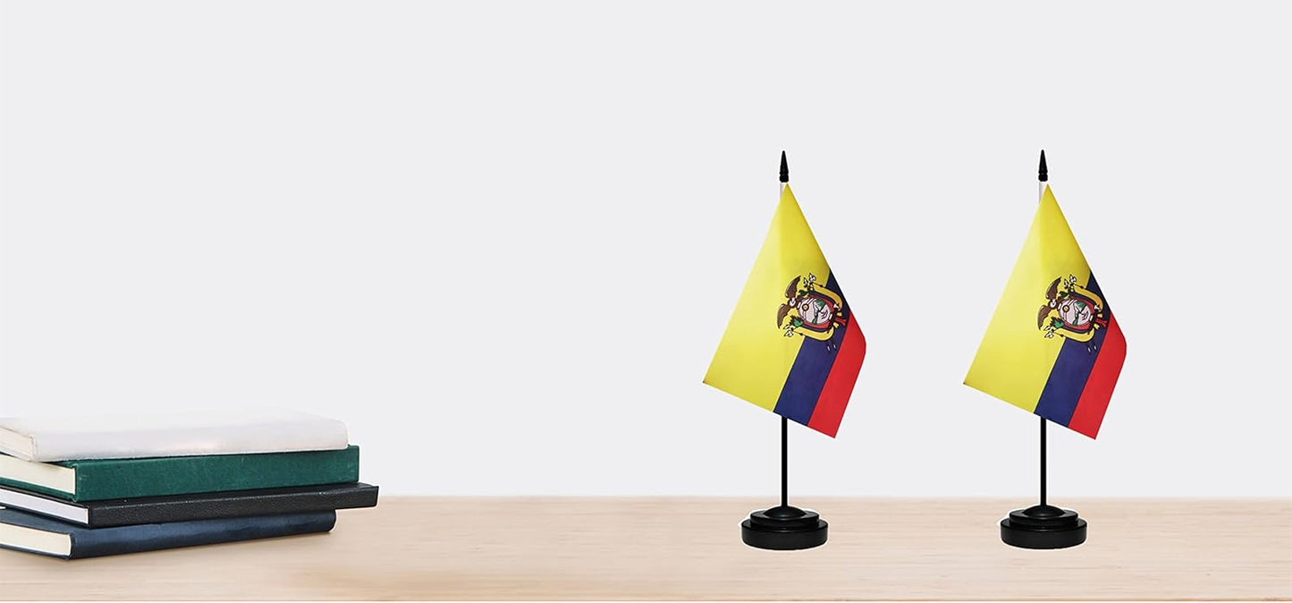 Ecuador Ecuadorian Deluxe Desk Flag Set Small Mini Miniature Ecuador Ecuadorian Table Desktop Flags With Solid Pole, Black Base and Spear Top(2 Pack)